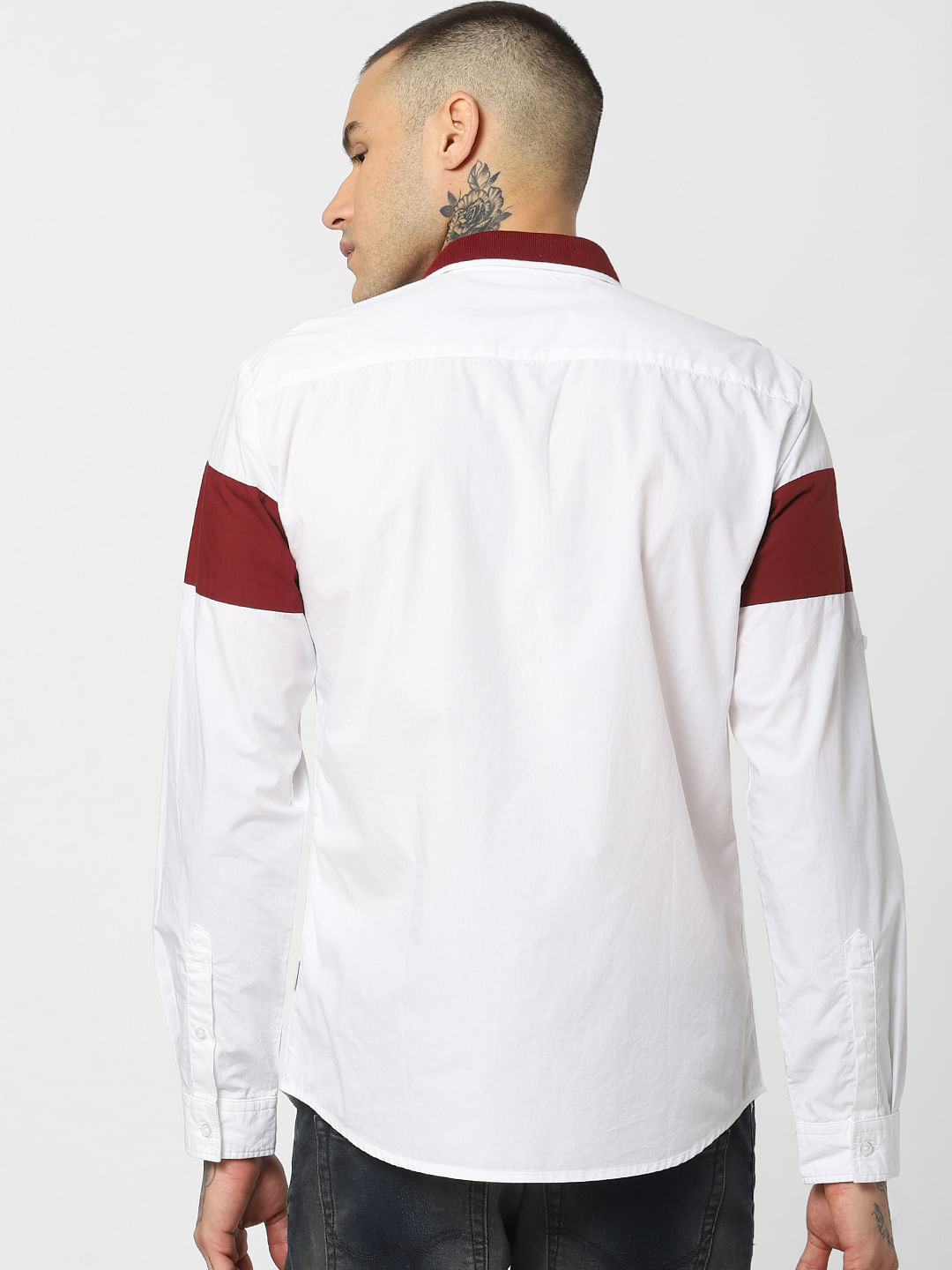 White Colourblocked Full Sleeves Shirt
