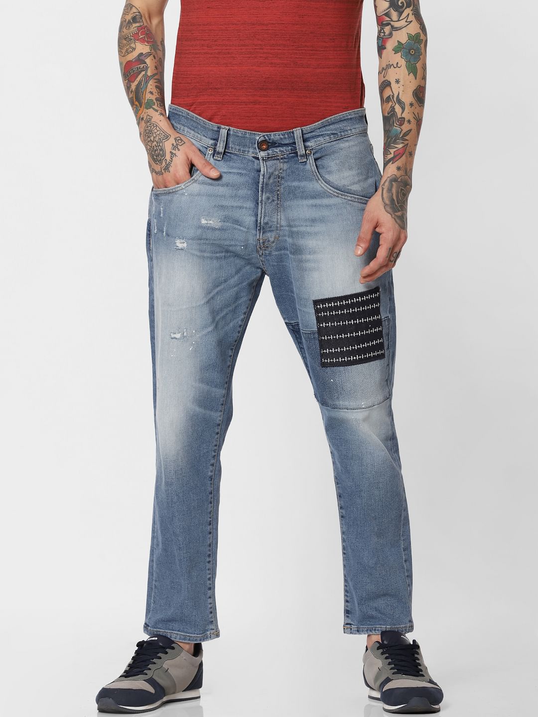 Blue Mid Rise Patch Detail Frank Anti Fit Jeans