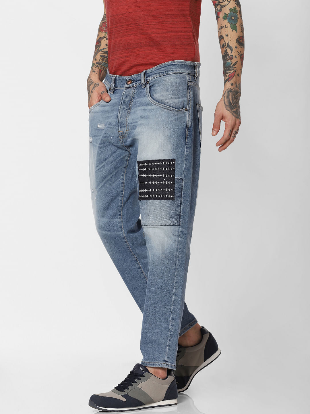 Blue Mid Rise Patch Detail Frank Anti Fit Jeans