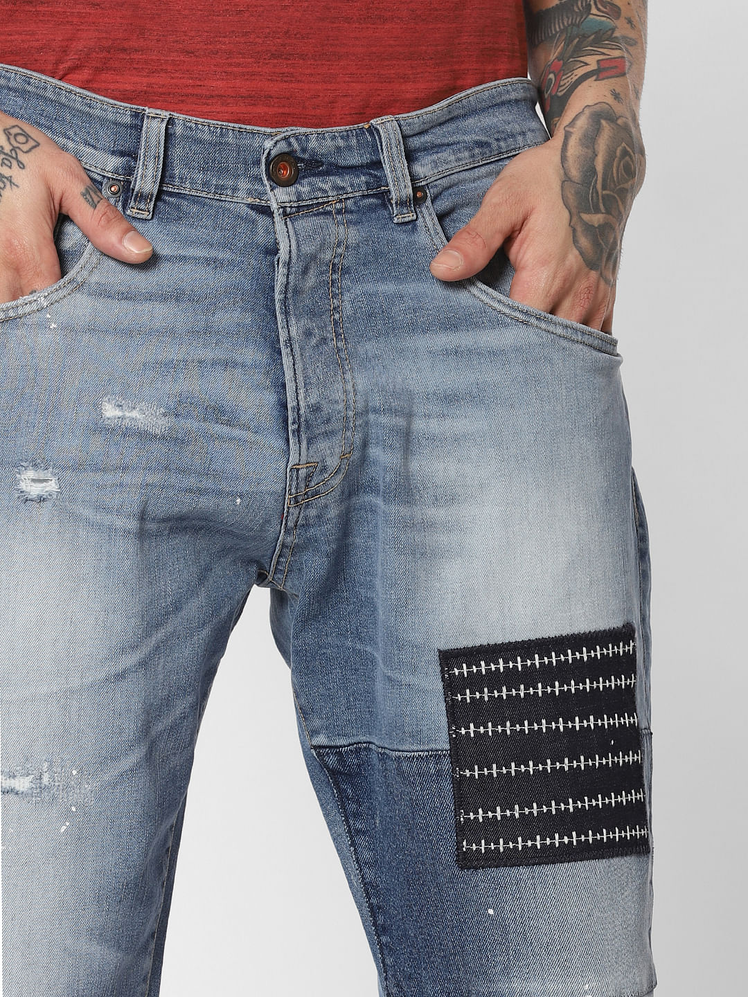 Blue Mid Rise Patch Detail Frank Anti Fit Jeans