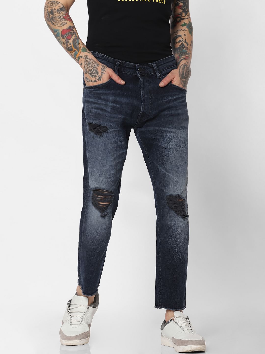 Blue Mid Rise Ripped Frank Anti Fit Jeans