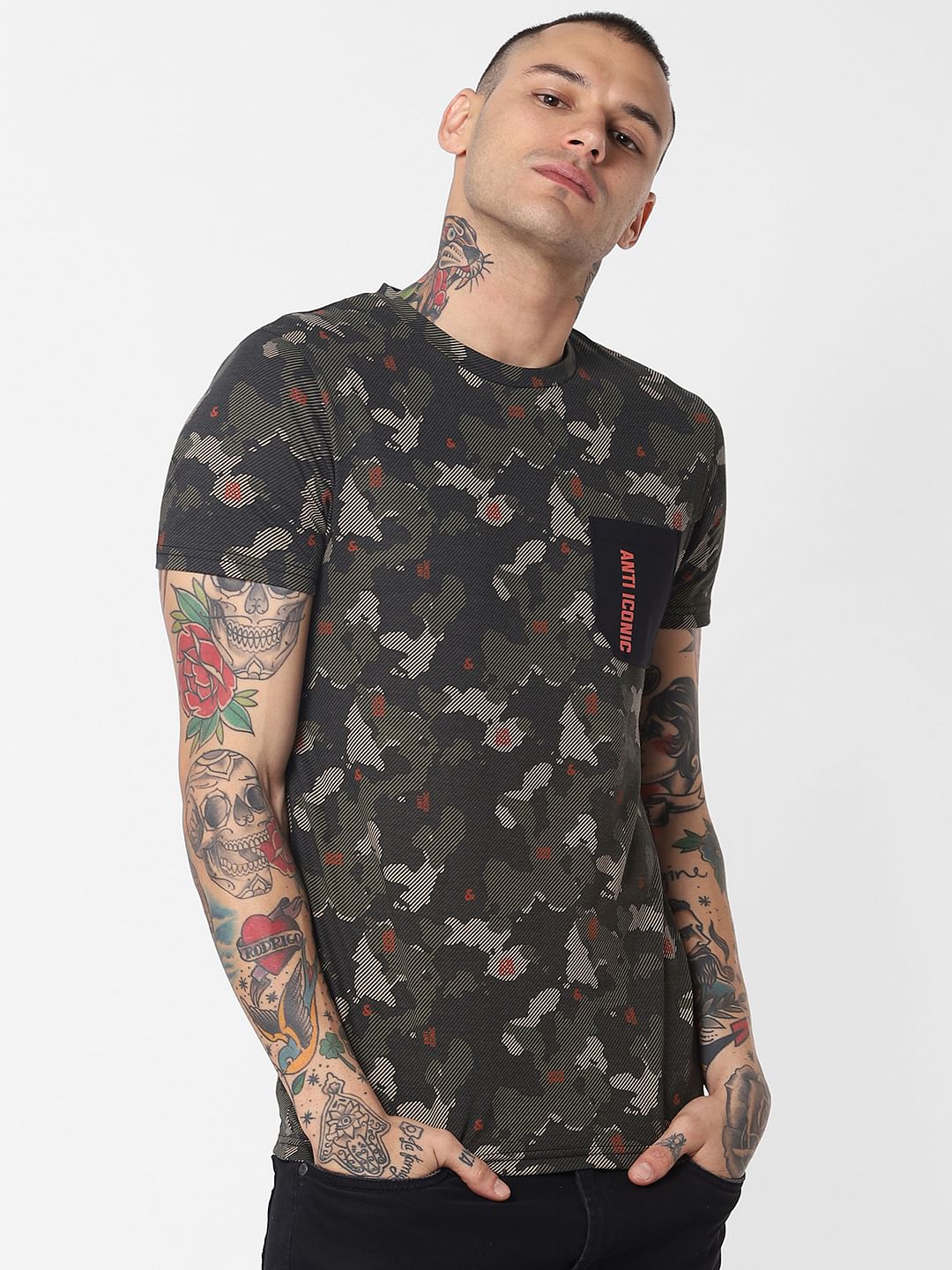 Dark Green Camo Print Crew Neck T-Shirt