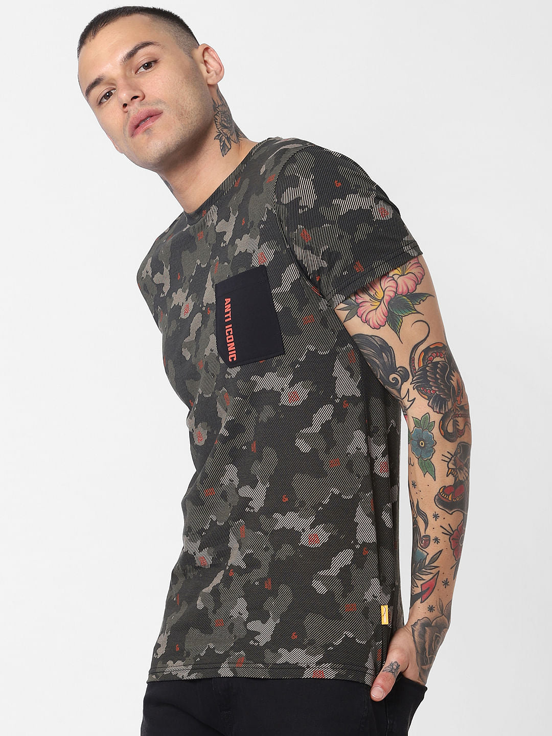 Dark Green Camo Print Crew Neck T-Shirt