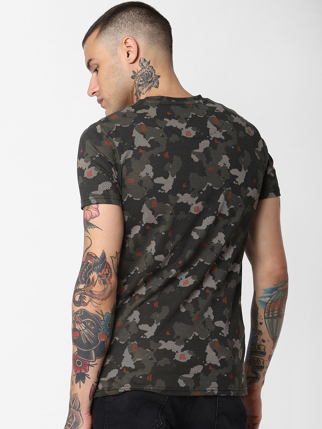 Dark Green Camo Print Crew Neck T-Shirt