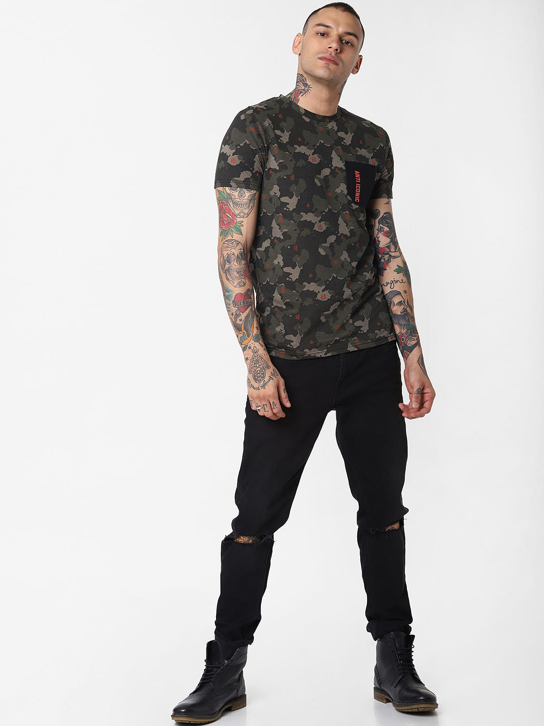 Dark Green Camo Print Crew Neck T-Shirt