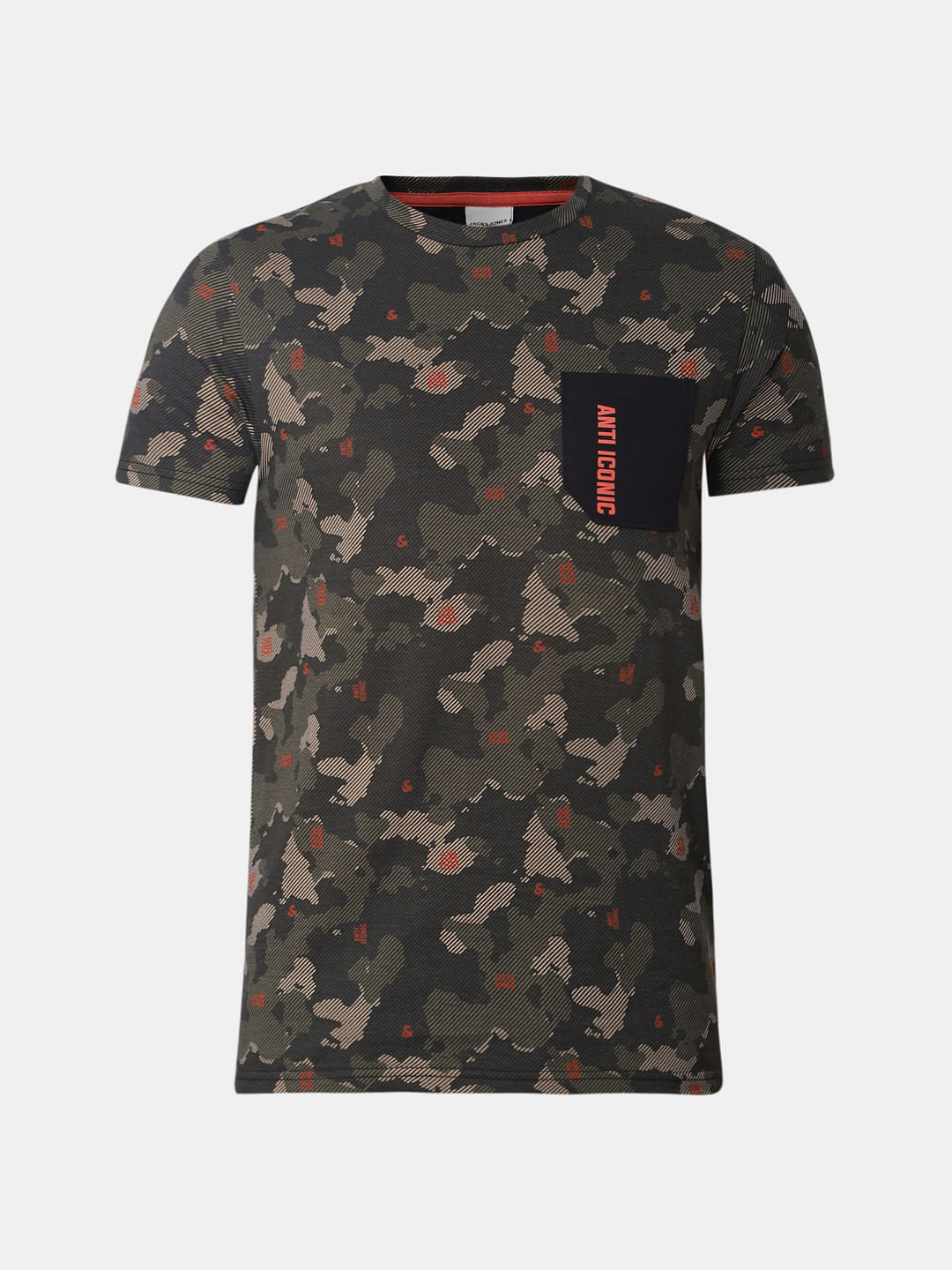 Dark Green Camo Print Crew Neck T-Shirt