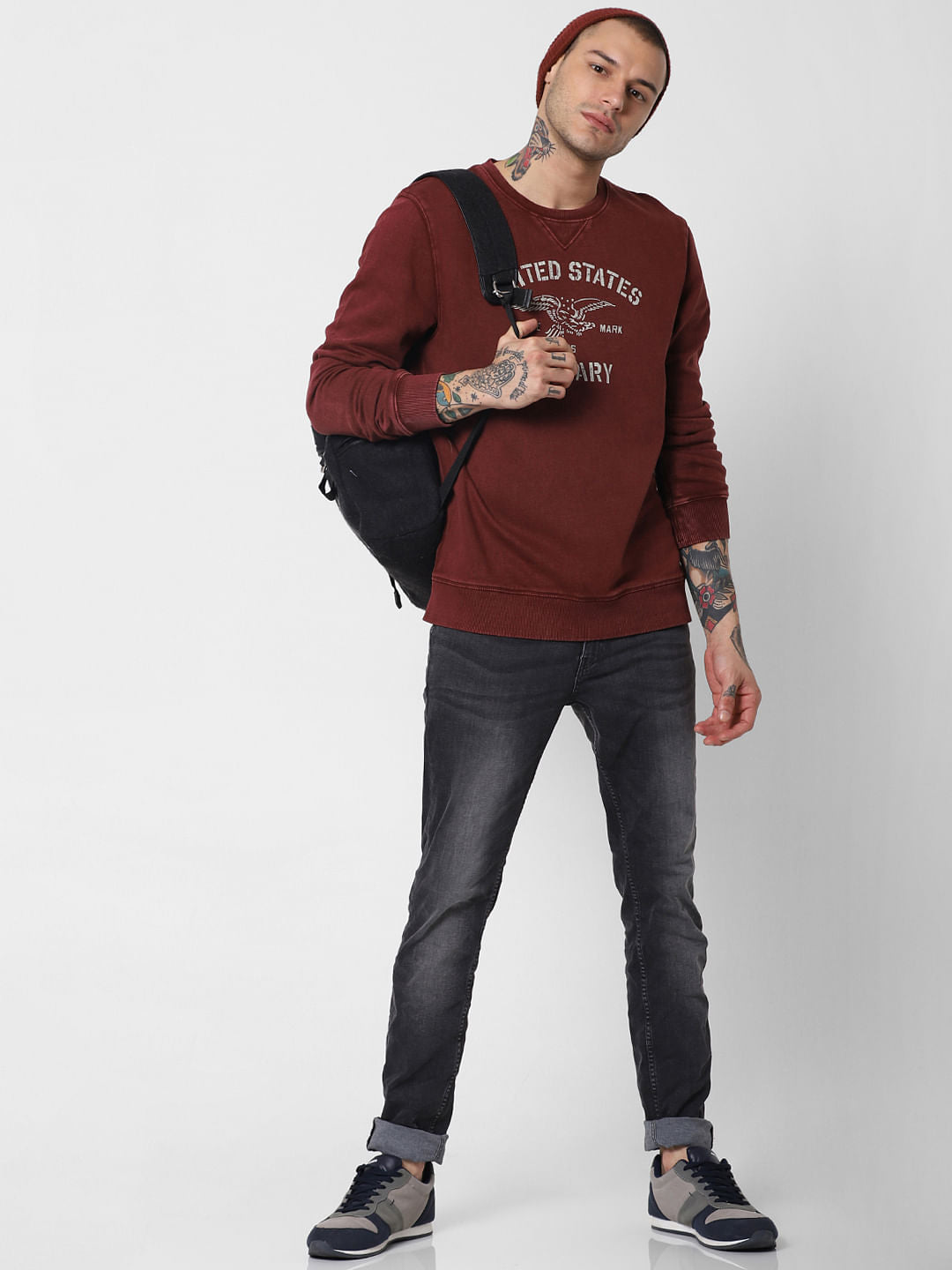Dark Red Text Print Sweatshirt - S