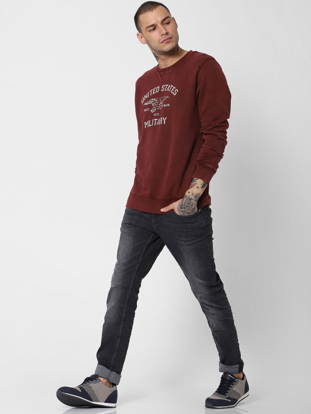 Dark Red Text Print Sweatshirt
