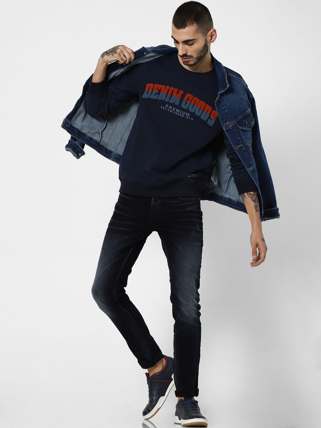 Navy Blue Embroidered Print Sweatshirt - S