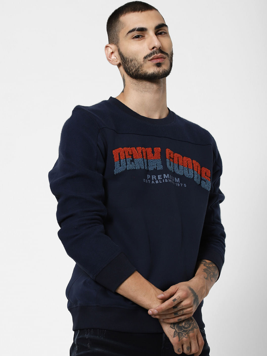 Navy Blue Embroidered Print Sweatshirt