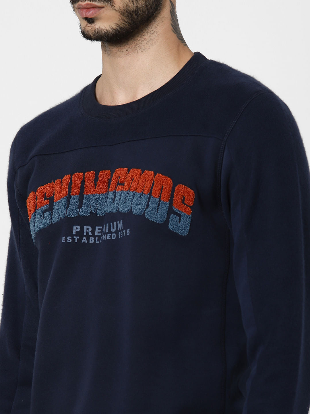 Navy Blue Embroidered Print Sweatshirt