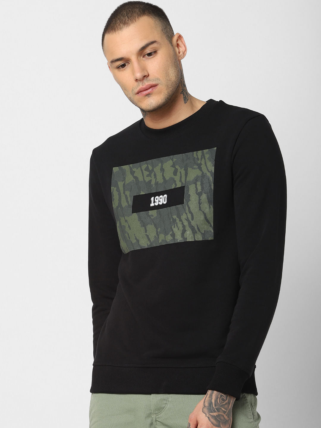 Black Camo Patch Print Sweatshirt