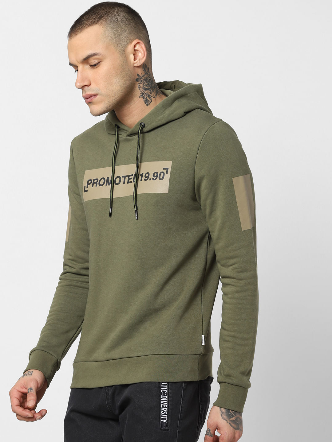 Green Patch Print Hooded Sweatshirt