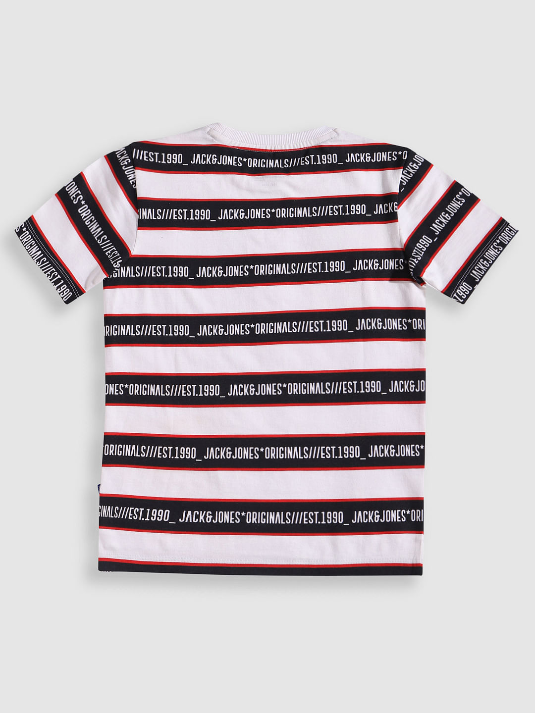 Boys White Striped Crew Neck T-Shirt