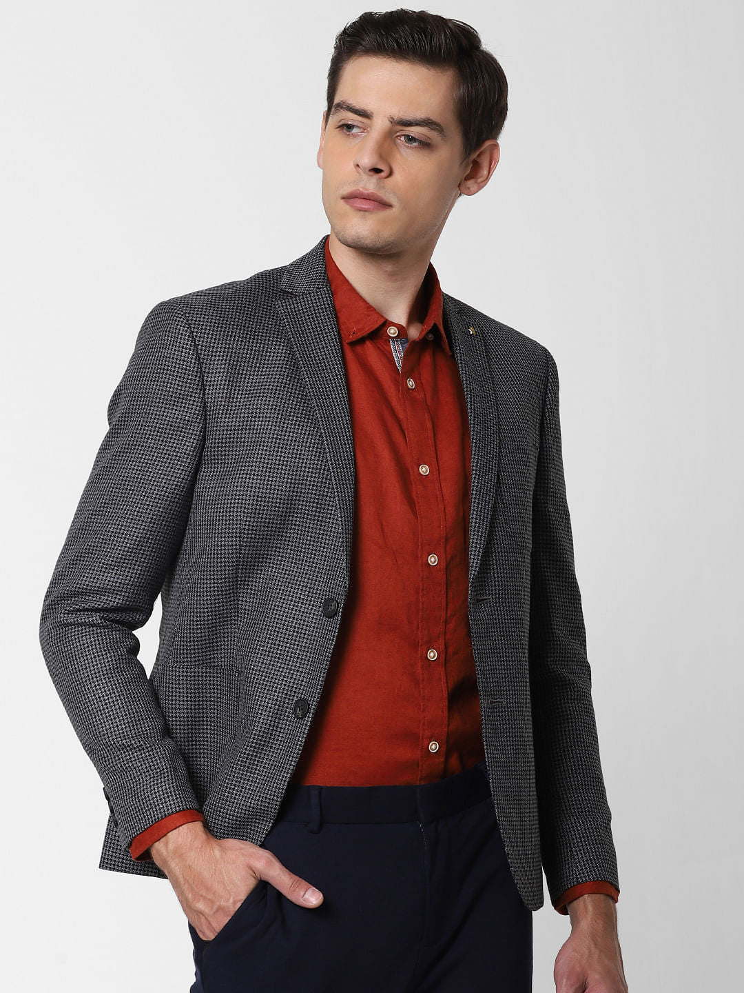 Black Houndstooth Print Slim Fit Blazer