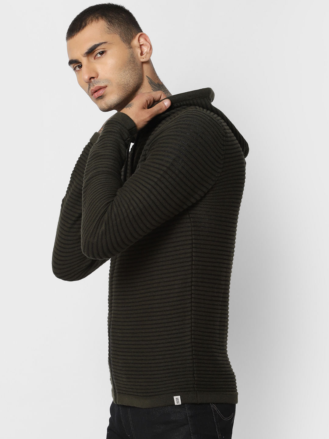 Green Striped Hooded Cardigan