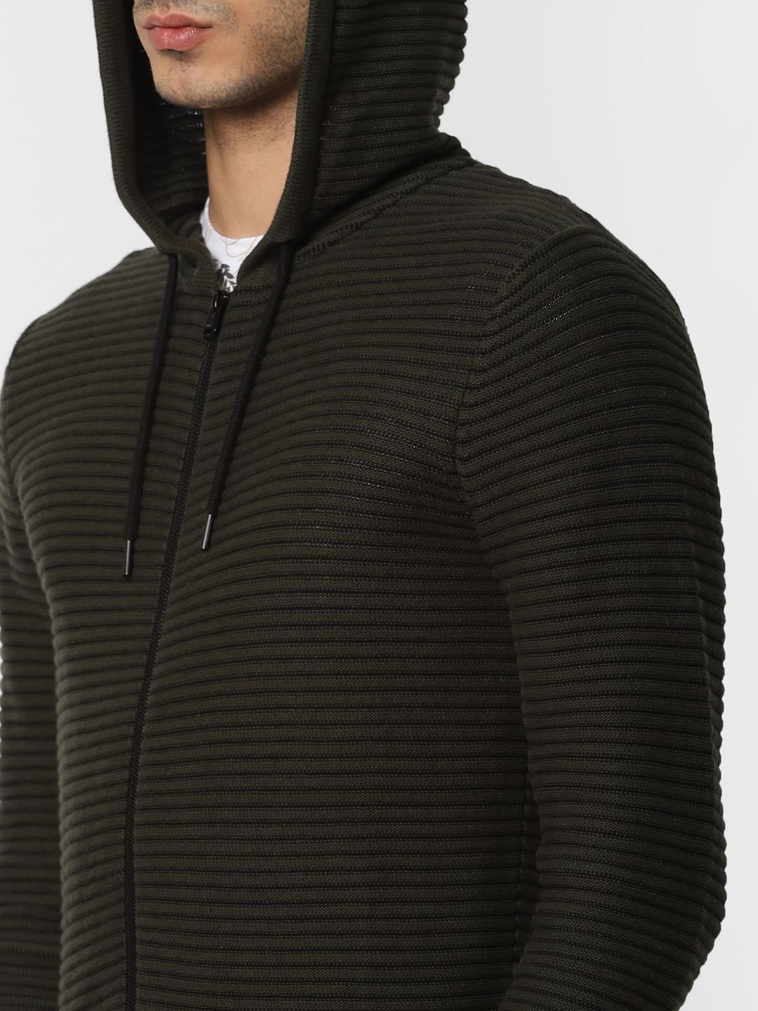 Green Striped Hooded Cardigan