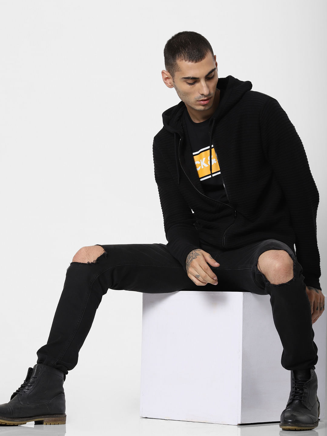 Black Ribbed Hooded Cardigan - S