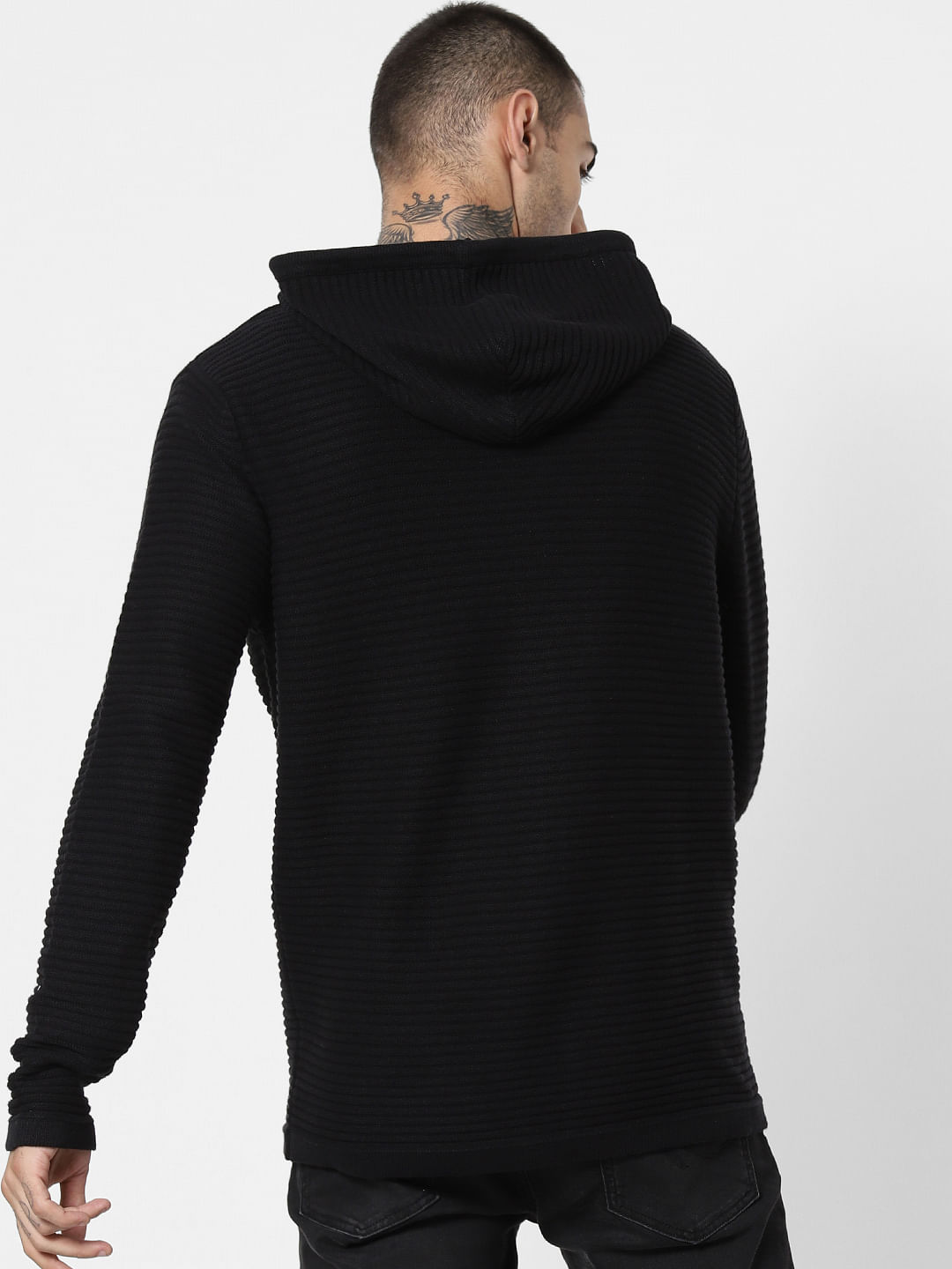 Black Ribbed Hooded Cardigan