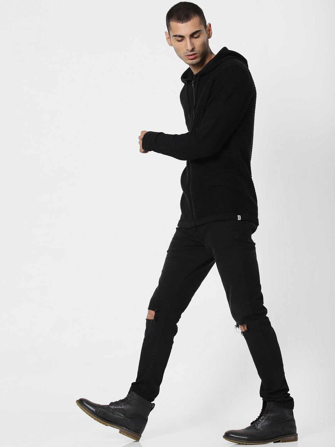Black Ribbed Hooded Cardigan
