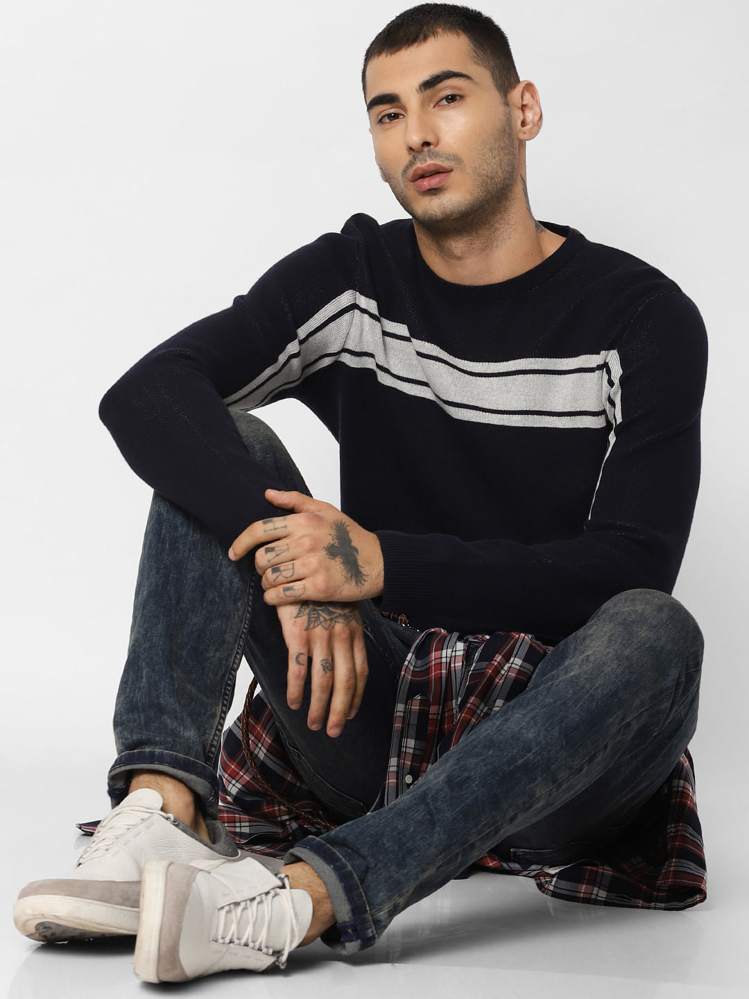 Navy Blue Striped Pullover - S