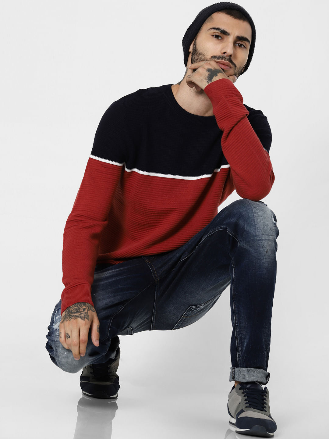 Navy Blue Colourblocked Pullover - S