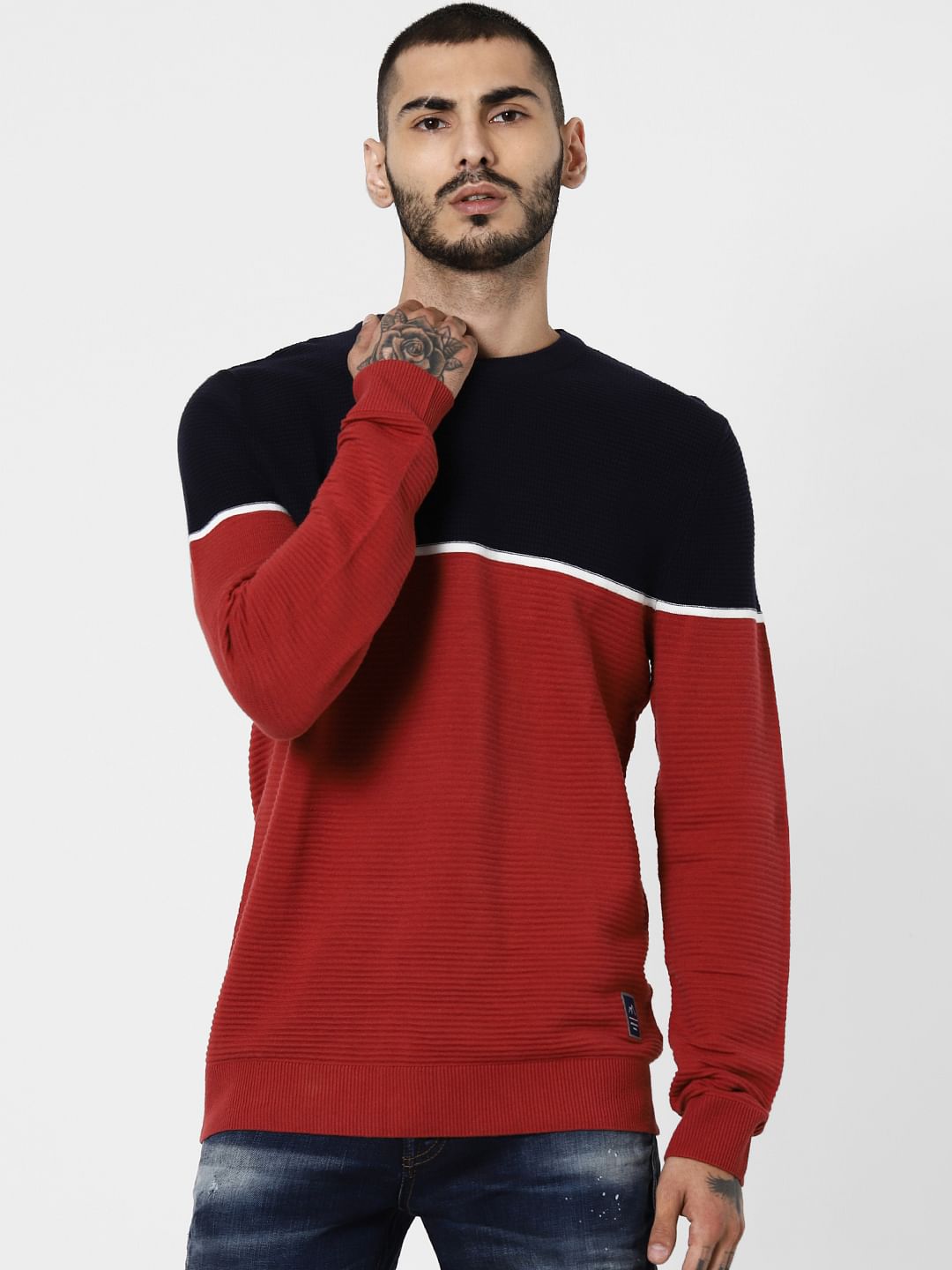 Navy Blue Colourblocked Pullover