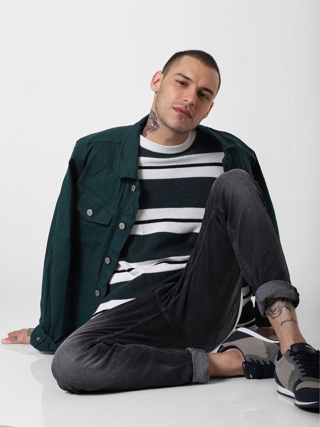Dark Green Striped Pullover - S