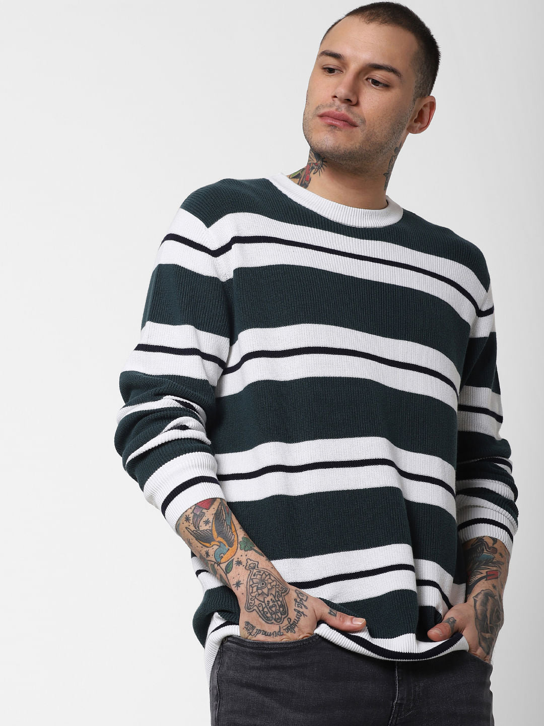 Dark Green Striped Pullover