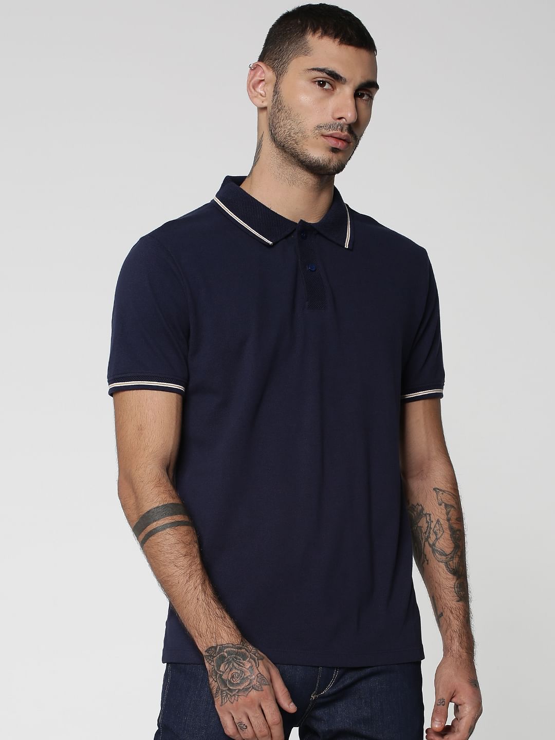 Blue Tipping Jacquard Polo Neck T-shirt - XXXL