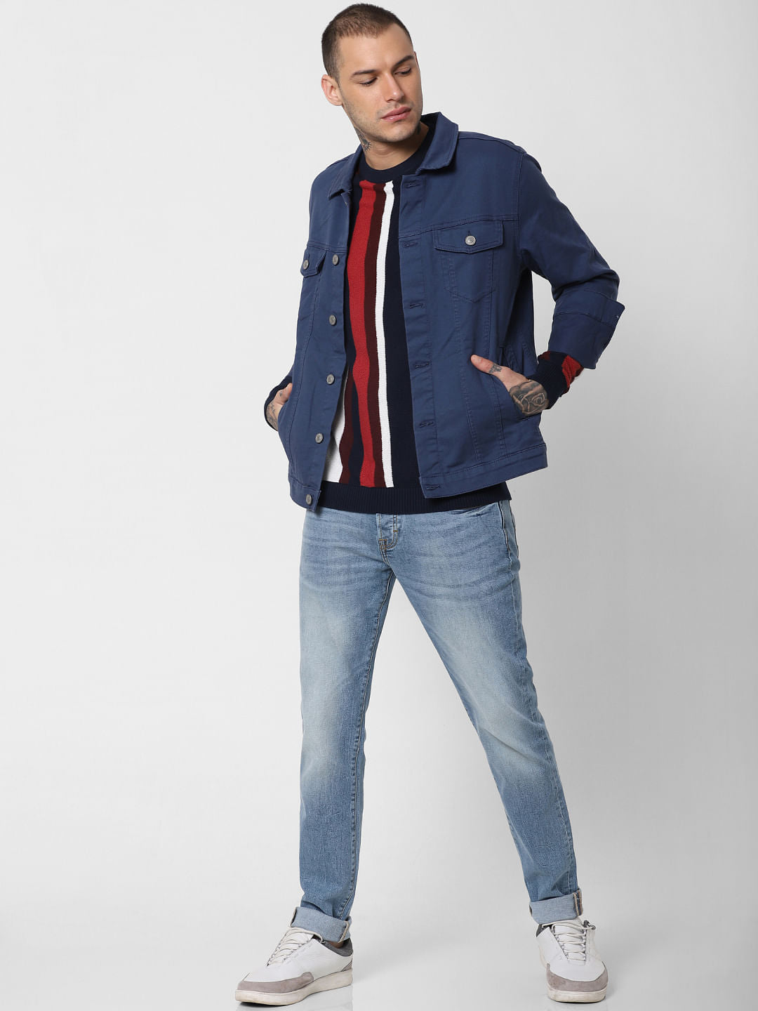 Navy Blue Striped Pullover - S