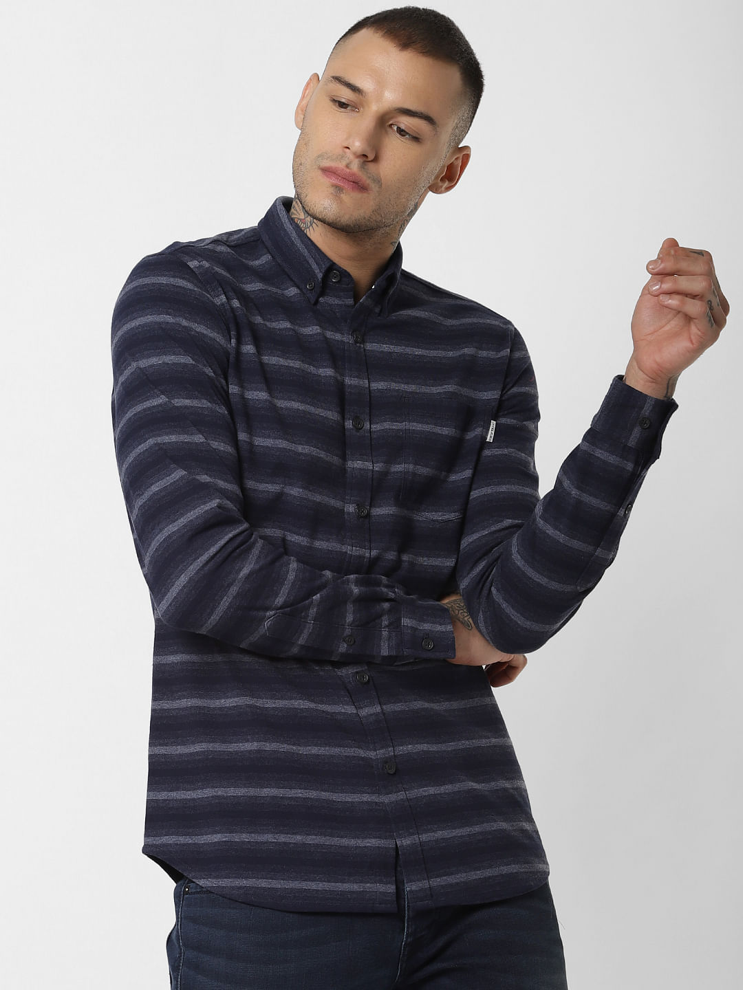 Dark Blue Striped Full Sleeves Shirt