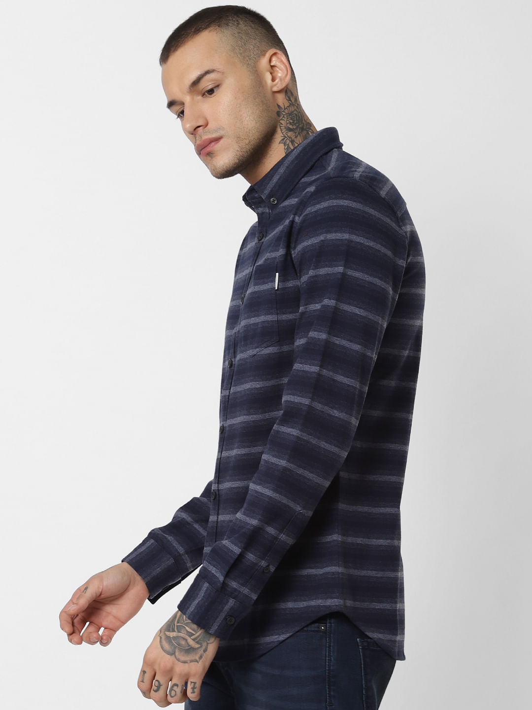 Dark Blue Striped Full Sleeves Shirt