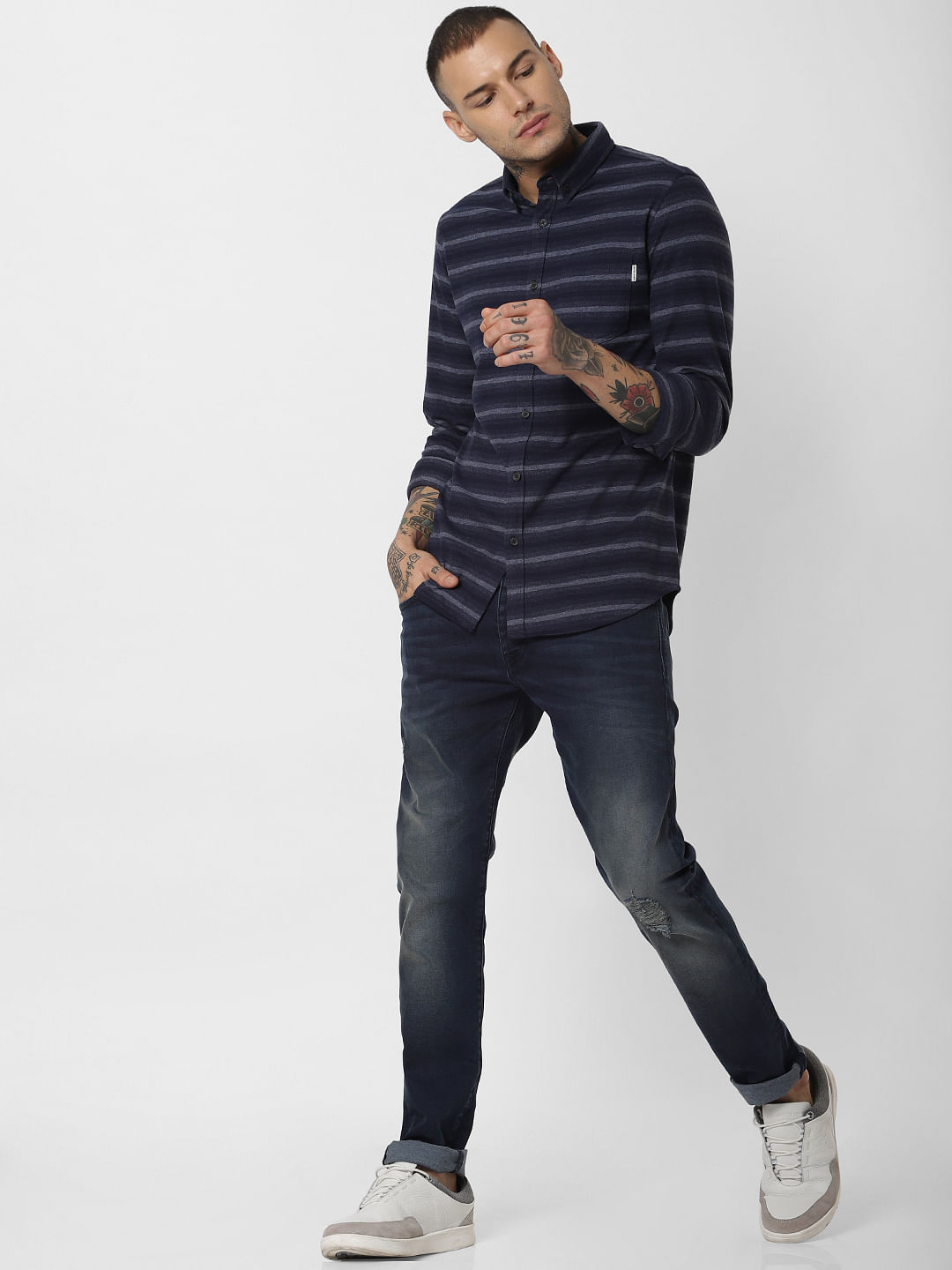 Dark Blue Striped Full Sleeves Shirt