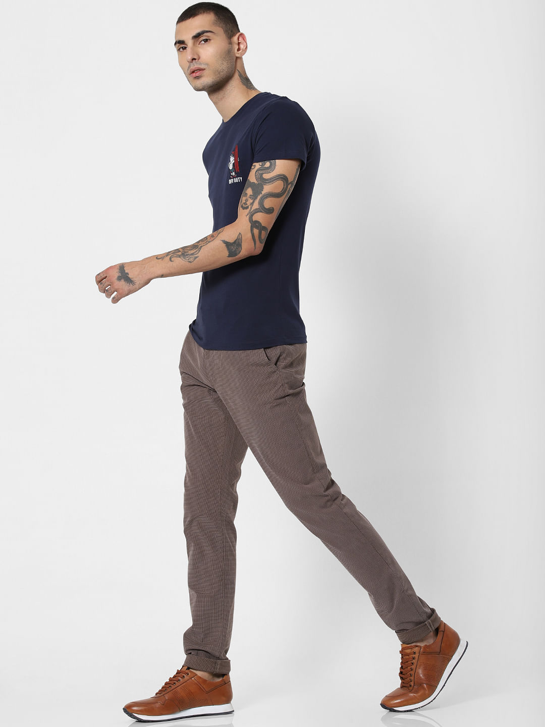 Brown Printed Slim Fit Pants - 28/30
