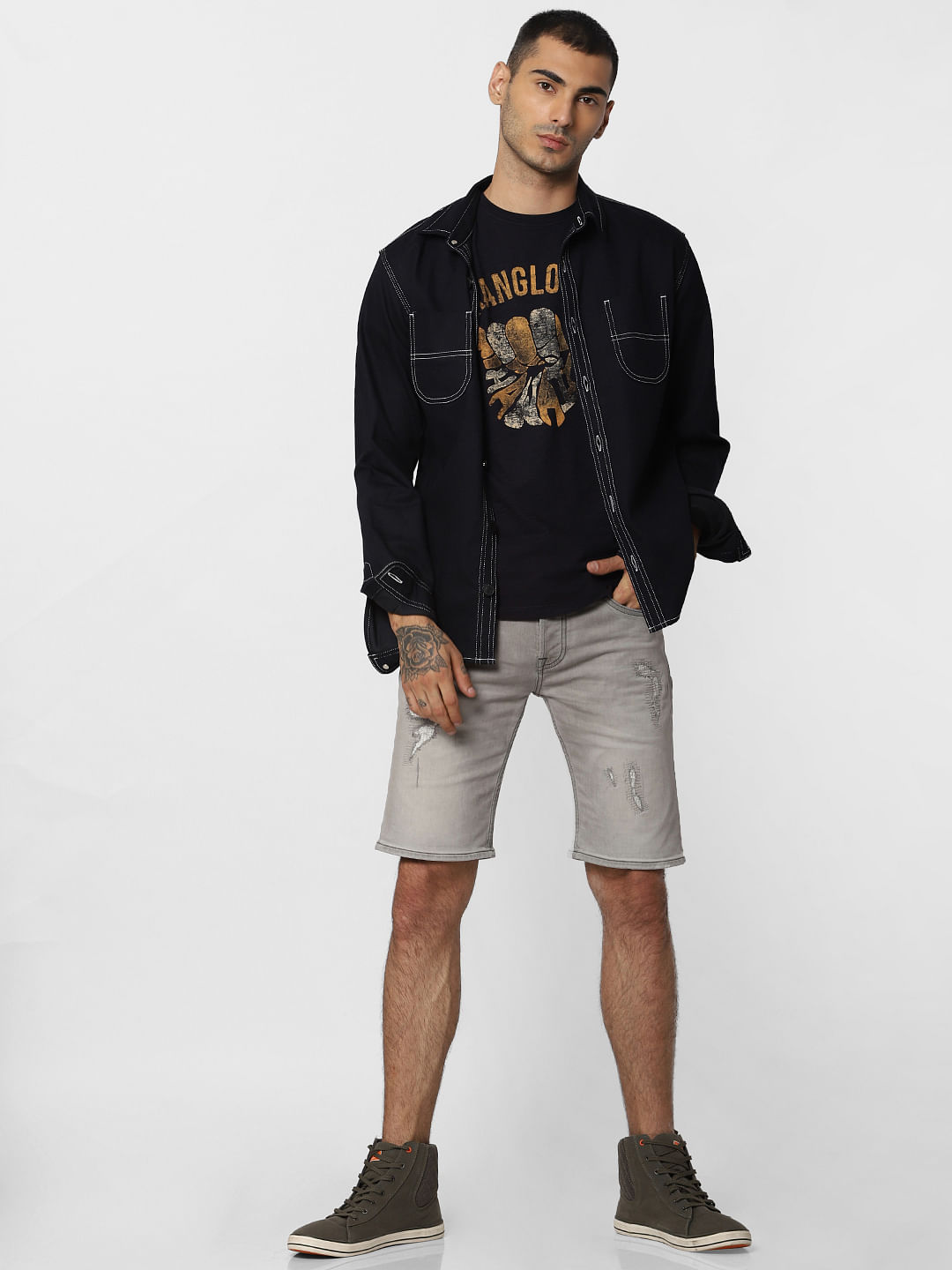 Grey Distressed Denim Shorts - S