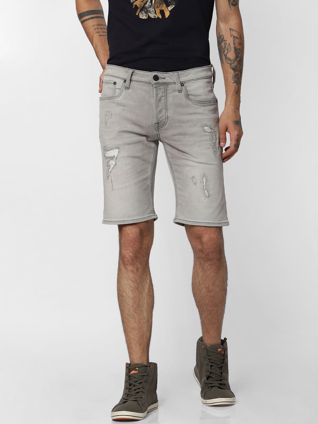 Grey Distressed Denim Shorts