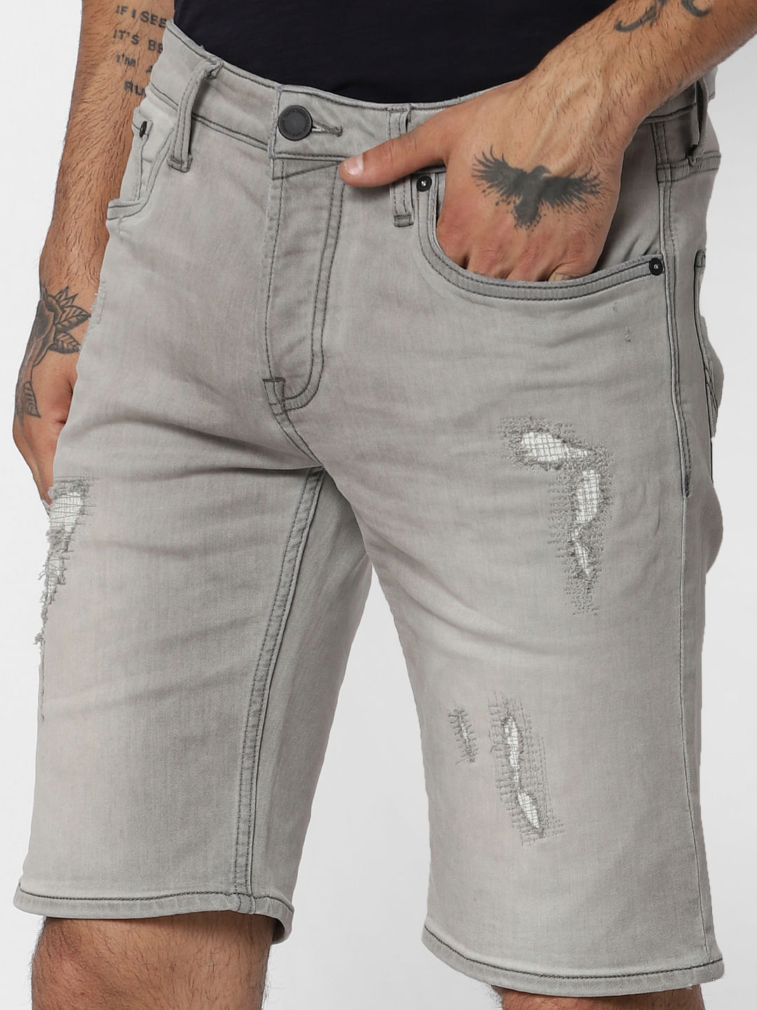Grey Distressed Denim Shorts