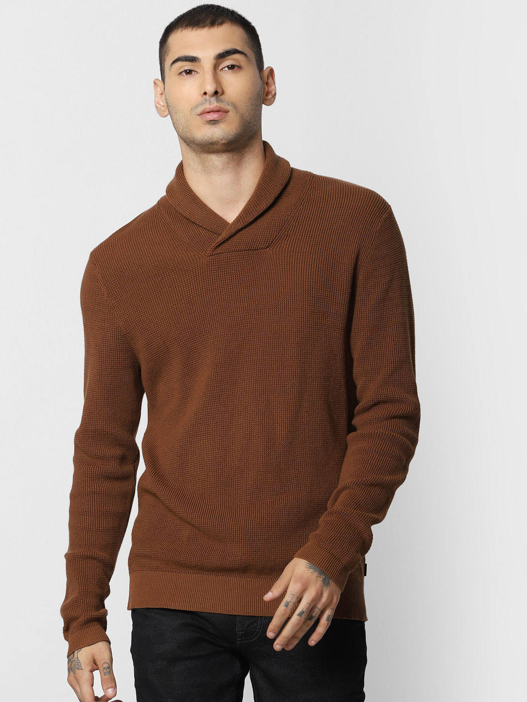 Brown Textured Shawl Neck Pullover