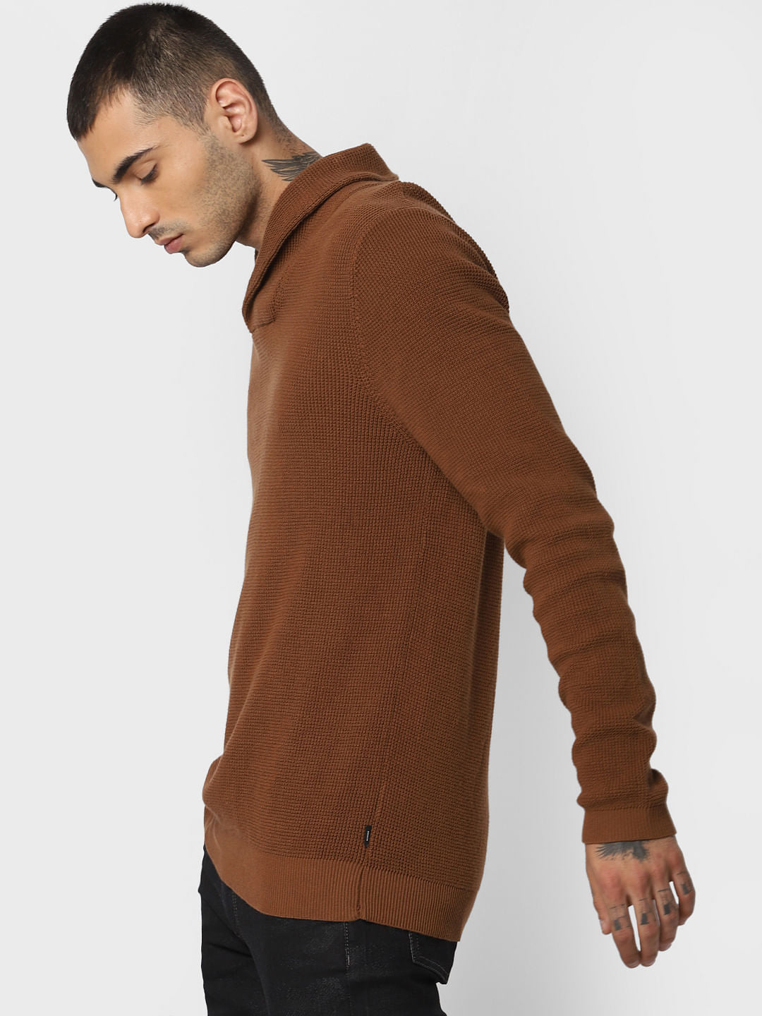 Brown Textured Shawl Neck Pullover