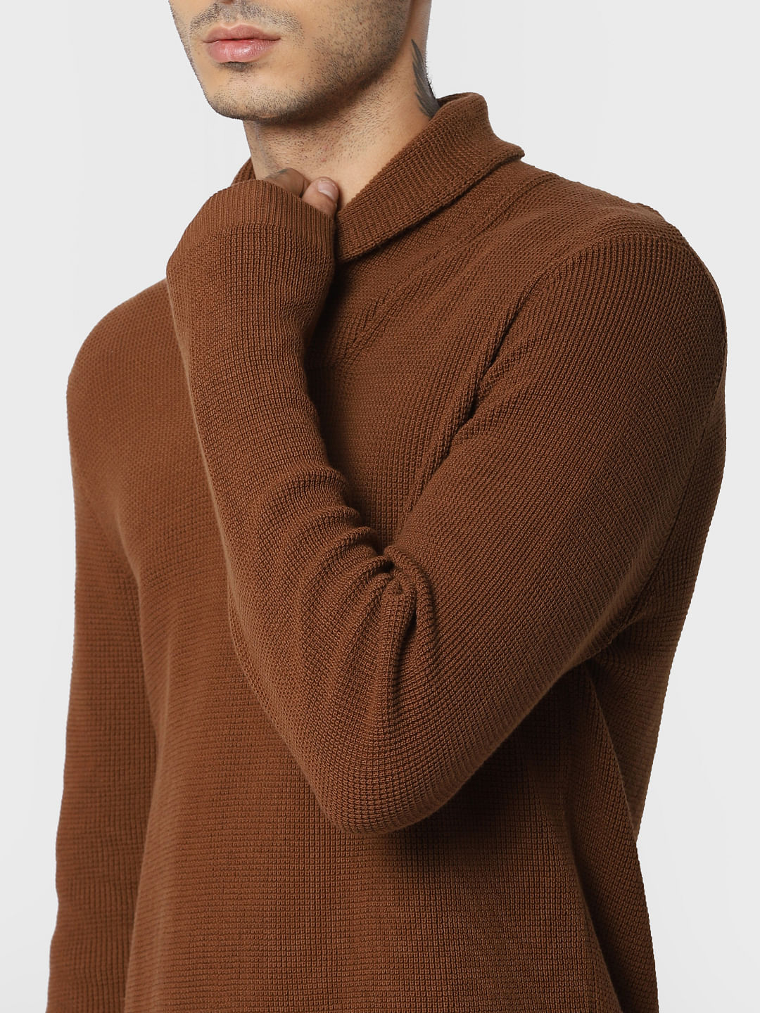 Brown Textured Shawl Neck Pullover