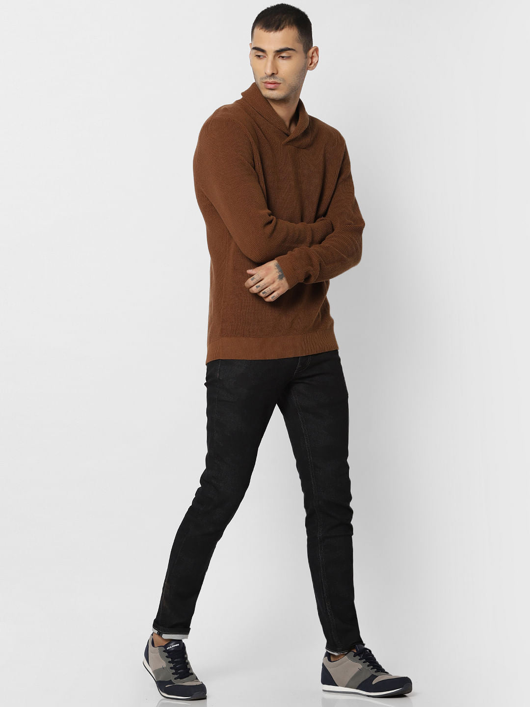Brown Textured Shawl Neck Pullover