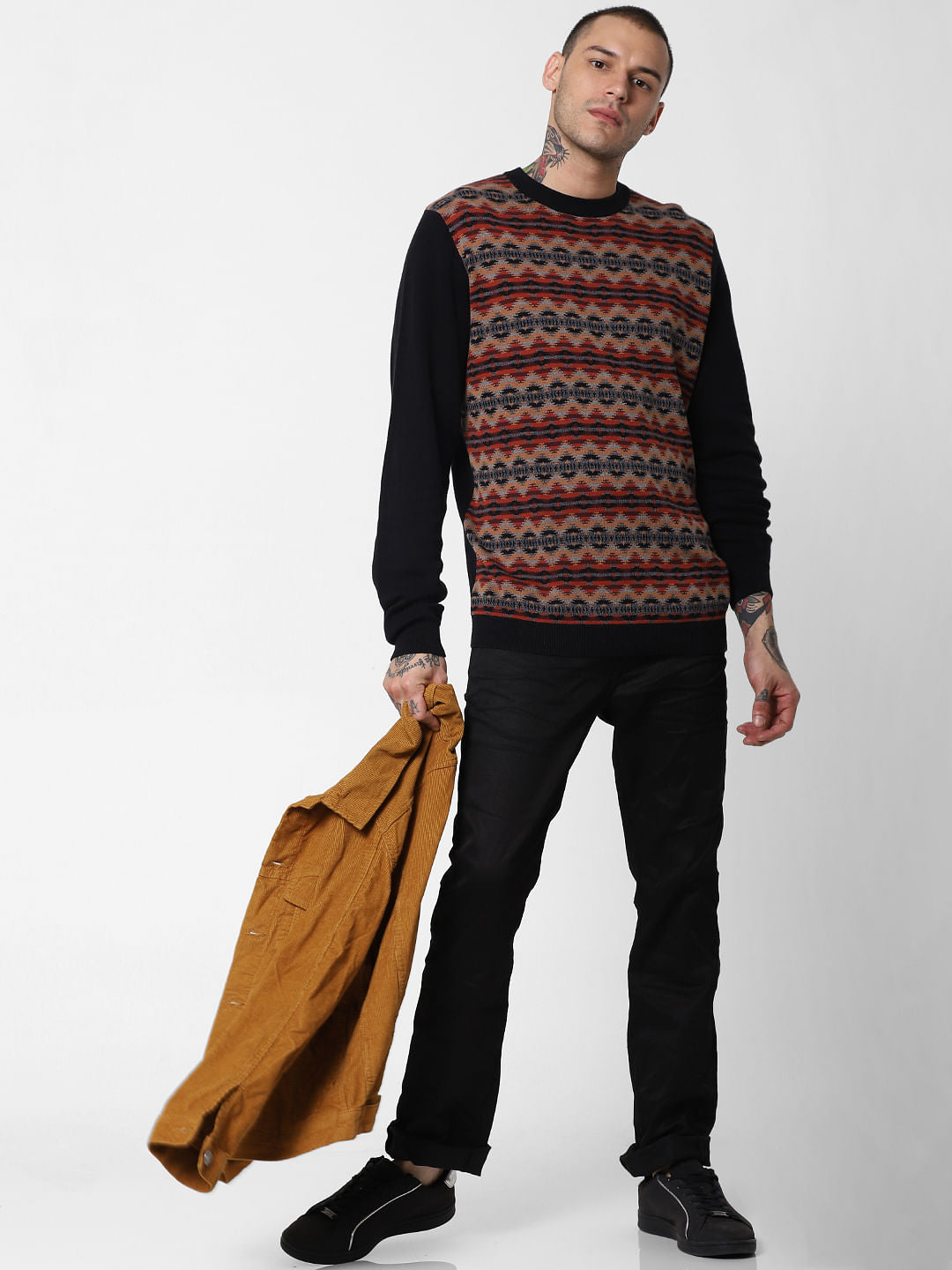 Black Striped Print Pullover - S