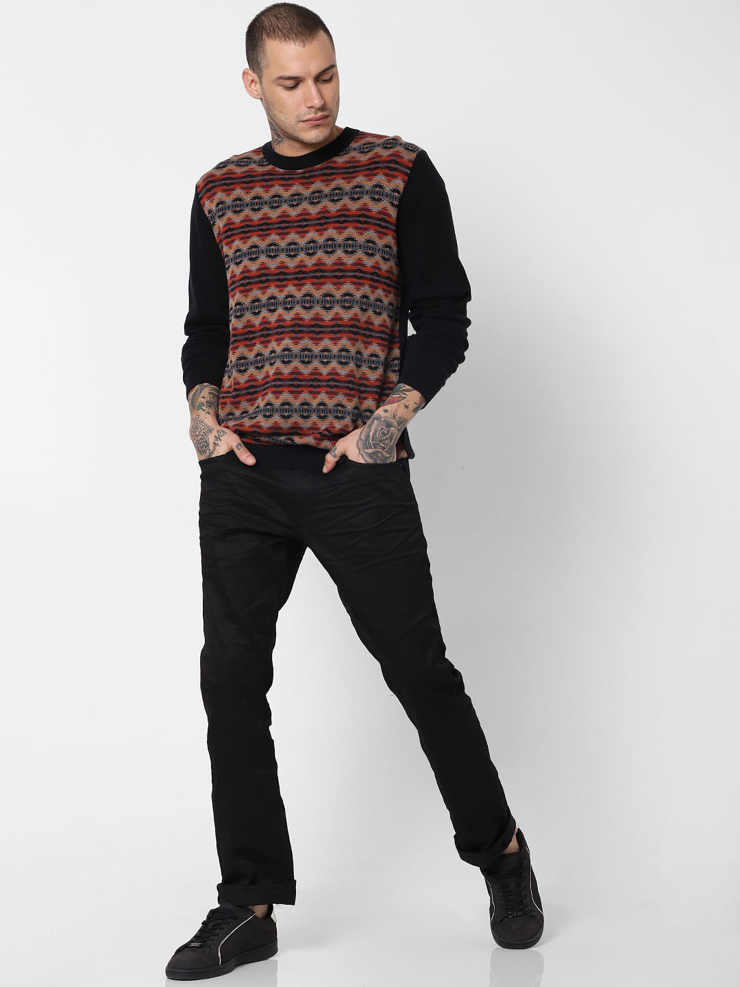 Black Striped Print Pullover