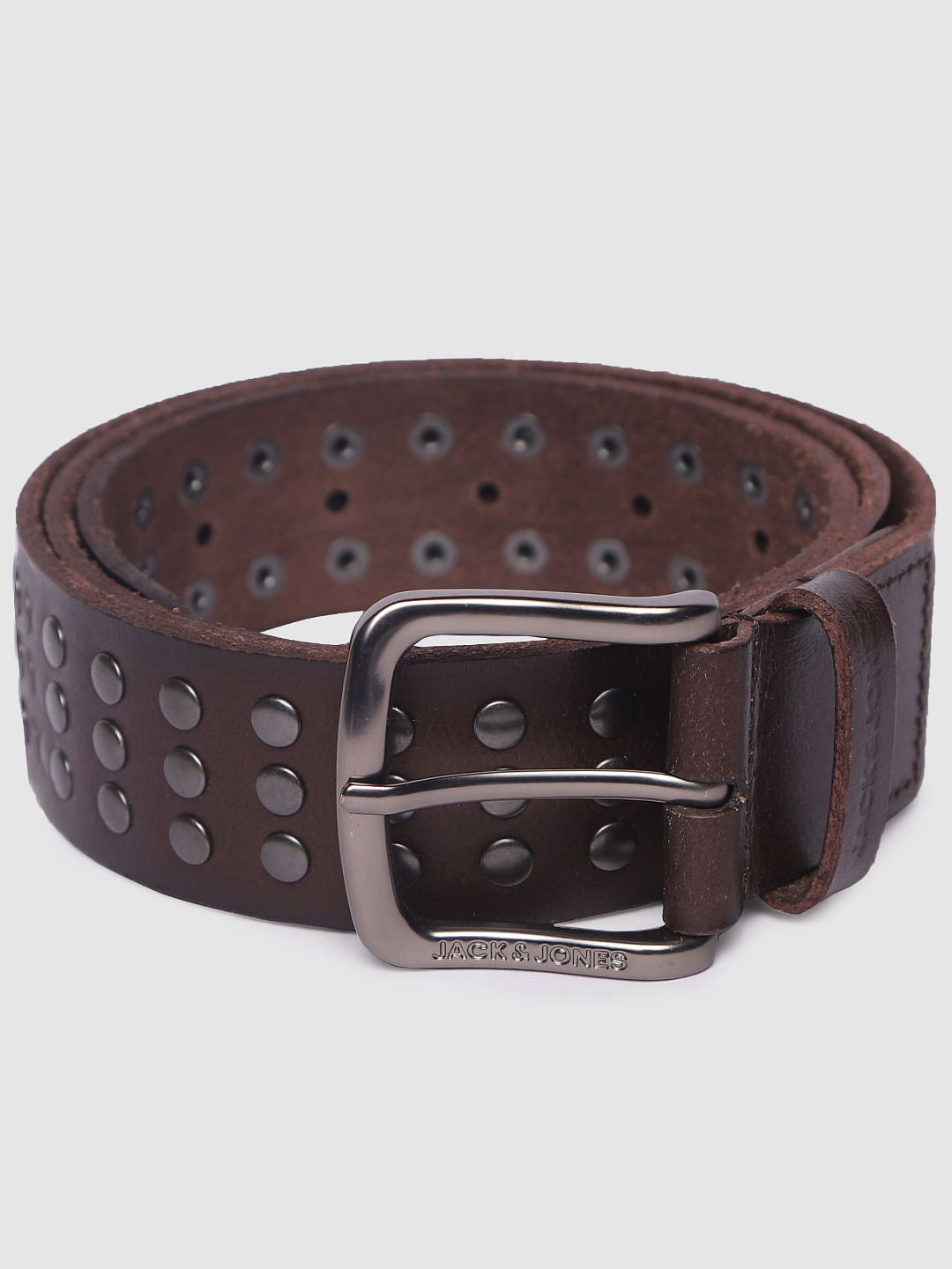 Chocolate Brown Studded Leather Belt - 32