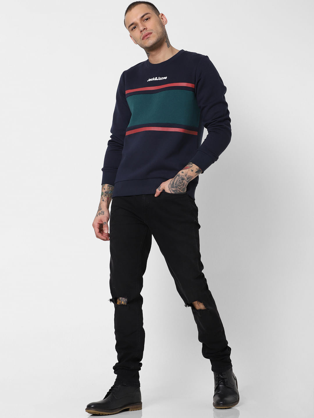 Navy Blue Colourblocked Sweatshirt