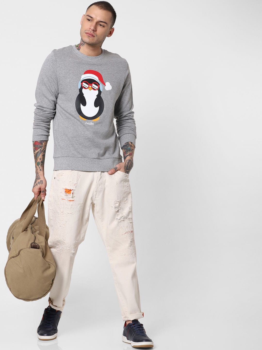 Grey Penguin Print Sweatshirt - S