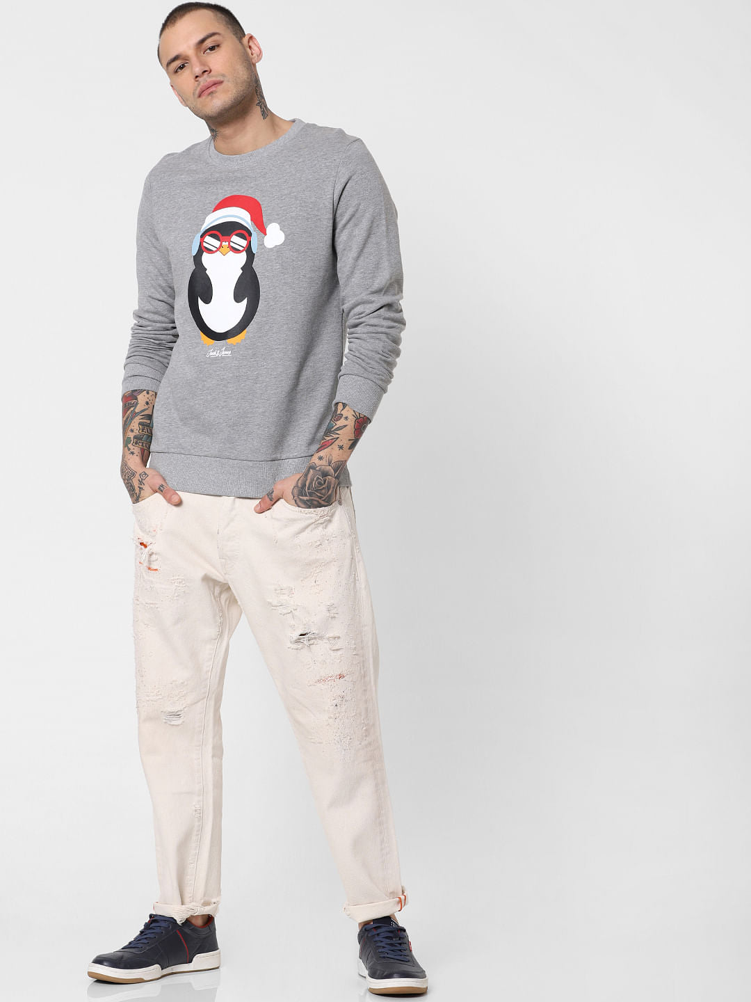 Grey Penguin Print Sweatshirt