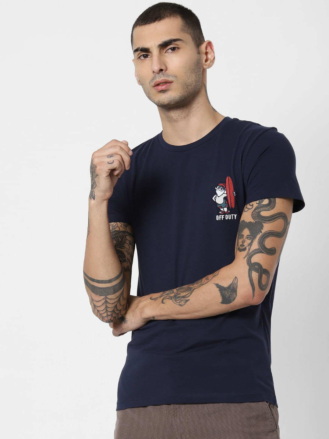Navy Blue Off Duty Print Crew Neck T-Shirt