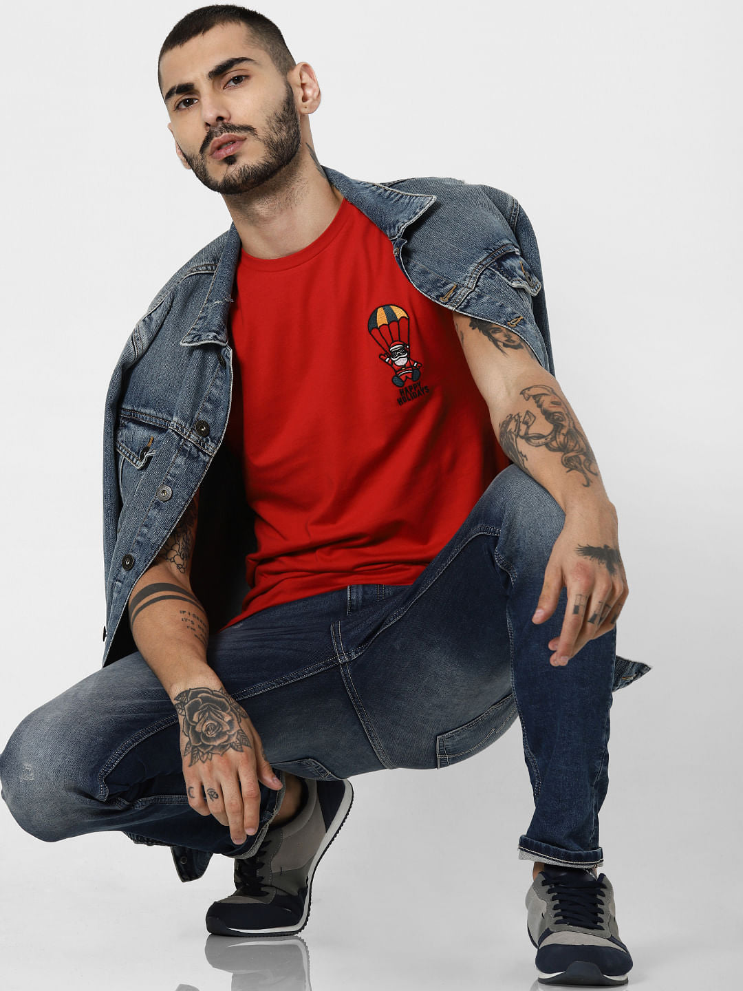 Red Happy Holidays Print Crew Neck T-Shirt - S